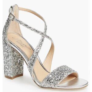 Badgley Mischka Jewel Cook Block Heel Silver Glitter Strappy Sandal Leather 8.5